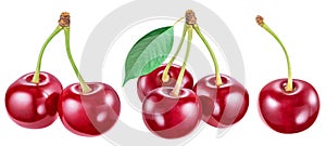 Set of cherries and cherries with leaves on white background. Clipping path