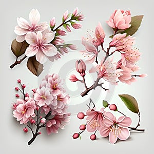Set of cherry blossom branches with flowers and leaves. Vector illustration.