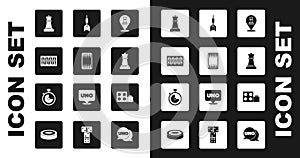 Set Chess, Backgammon board, Board game, Dart arrow, Toy building block bricks and Stopwatch icon. Vector