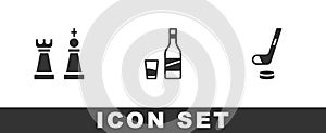 Set Chess, Bottle of vodka with glass and Ice hockey stick and puck icon. Vector