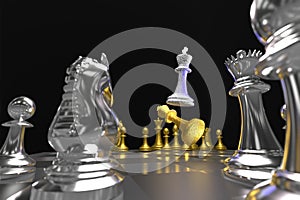 Set of chess checkmate concept .3D rendering illustration of gold-silver metallic chess figures with major and minor pieces