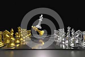 Set of chess checkmate concept .3D rendering illustration of gold-silver metallic chess figures with major and minor pieces