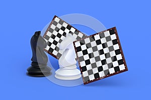 Set of chess figures knights near chess boards on blue background