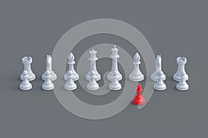 Set of chess figures and one red pawn on gray background. Table games