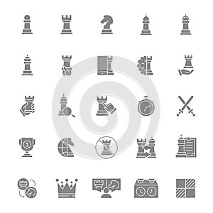 Set of chess gray icon. Board game, king, queen, bishop, pawn, rook, knight and more.