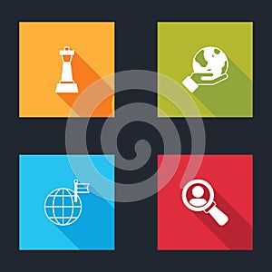 Set Chess, Hand holding Earth globe, Planet with flag and Magnifying glass for search icon. Vector