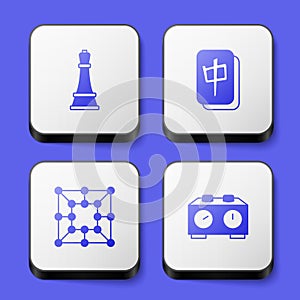 Set Chess, Mahjong pieces, Board game and Time chess clock icon. White square button. Vector