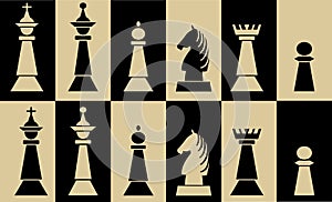 Set of chess pieces on chessboard fields, white piece on black field, black piece on white field