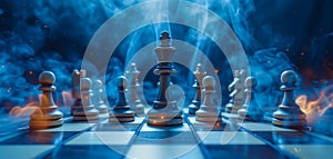 Set of chess pieces element stating on chessboard. Leadership, teamwork, partnership, business strategy Concept. Generative Ai