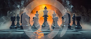 Set of chess pieces element stating on chessboard. Leadership, teamwork, partnership, business strategy Concept. Generative Ai