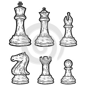 Set of chess pieces. Engraving vector illustration. Sketch scratch