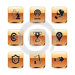 Set Chess, Shield with flag, Hand holding, Award cup, Target, Earth globe, pointing finger and arrow icon. Vector