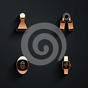 Set Chess, Sport expander, American Football ball and Smart watch with heart icon with long shadow. Vector