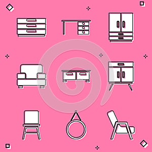 Set Chest of drawers, Office desk, Wardrobe, Armchair, Chair and Mirror icon. Vector