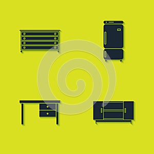 Set Chest of drawers, TV table stand, Office desk and Refrigerator icon. Vector