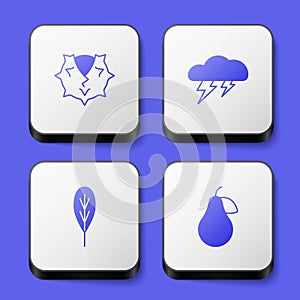 Set Chestnut, Cloud and lightning, Leaf and Pear icon. White square button. Vector