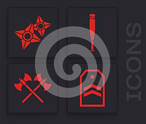 Set Chevron, Japanese ninja shuriken, Baseball bat and Crossed medieval axes icon. Vector