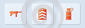 Set Chevron, Submachine gun M3 and Hand smoke grenade. White square button. Vector photo