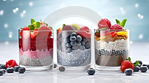 Set of chia pudding desserts topped with berrie son light blue blurred background. Chia desserts with different tastes made of