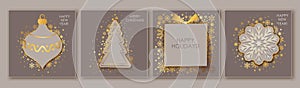 Set of chic elegant cards, flyers, posters for New Year, Christmas greetings. Luxury style with golden shiny snowflakes