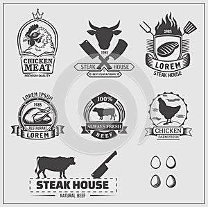 Set of chicken and beef labels, emblems and design elements.