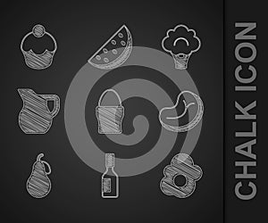 Set Chicken egg on stand, Tabasco sauce, Scrambled, Steak meat, Pear, Jug glass with milk, Broccoli and Muffin icon