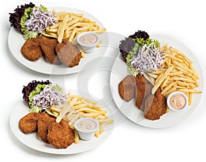 Set of Chicken Escalope plate served with Coleslaw, fries and dip, Clipping path included