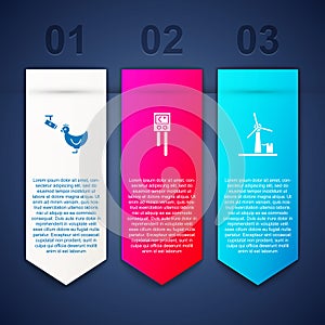Set Chicken farm and camera, Temperature humidity sensor and Wind turbine. Business infographic template. Vector