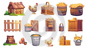 Set of chicken farm design elements isolated on white background. Modern illustration of wooden crates and barrels