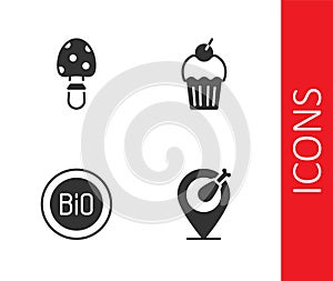 Set Chicken leg, Fly agaric mushroom, Banner for bio and Muffin icon. Vector