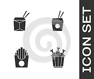Set Chicken leg in package box, Asian noodles and chopsticks, Potatoes french fries and icon. Vector