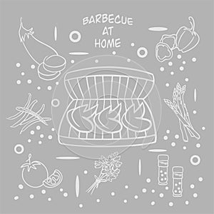 A set of chicken  and  vegetables for grill at home.  Barbecue at home during quarantine. Hand drawn vector illustration