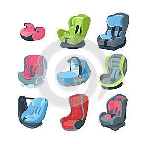 Set of child car seats, from newborns to adolescents.