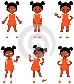 Set of child little African American girl in different poses showing different gestures