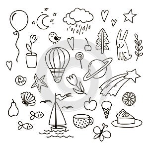 Set of childish cute doodles. Vector clipart