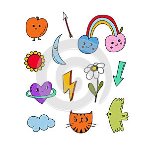 Set of childish retro style elements. Set of stickers. Vector illustration