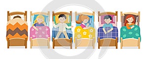 Set of Children character lying in different postures during night slumber. Boys and girls sleeping in bed in various poses.