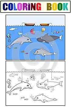 Set children coloring book and color picture. Sea inhabitants, diving. Fish in the ocean.