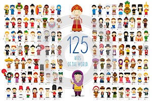 Set of 125 children of different nationalities in cartoon style. photo