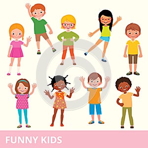 Set of children of different nationalities in various poses laughing and having fun