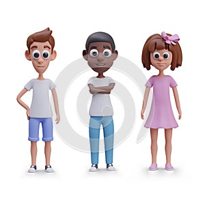 Set of children of different races and genders. Realistic vector characters