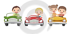 Set. Children drive a car. Kids. Boys and girl. Childrens pedal or electro automobile. Toy vehicle. With a motor. Good