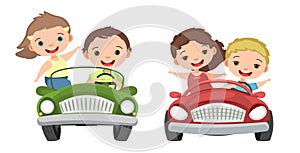 Set. Children drive a car. Kids. Race. Childrens pedal or electro automobile. Toy vehicle. With a motor. Good passenger