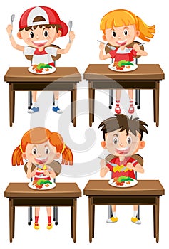 Set of children eating healthy breakfast