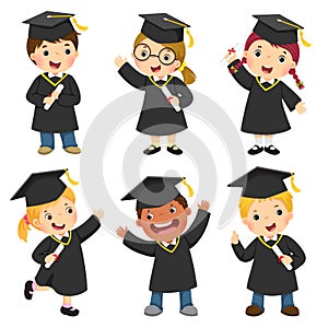 Set of children in a graduation gown and mortar board
