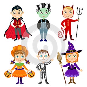 Set of Children in halloween costumes.