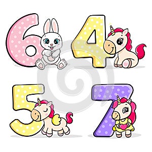 Set of children numbers with animals. Vector illustration for kids