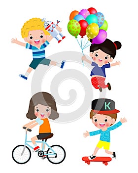 Set of Children playing outside isolated on white Background vector illustration.