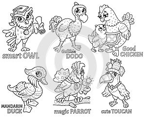 A set of children's coloring pages with birds.