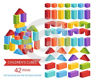 A set of children`s cubes in different colors for making castles and towers. Children`s educational game